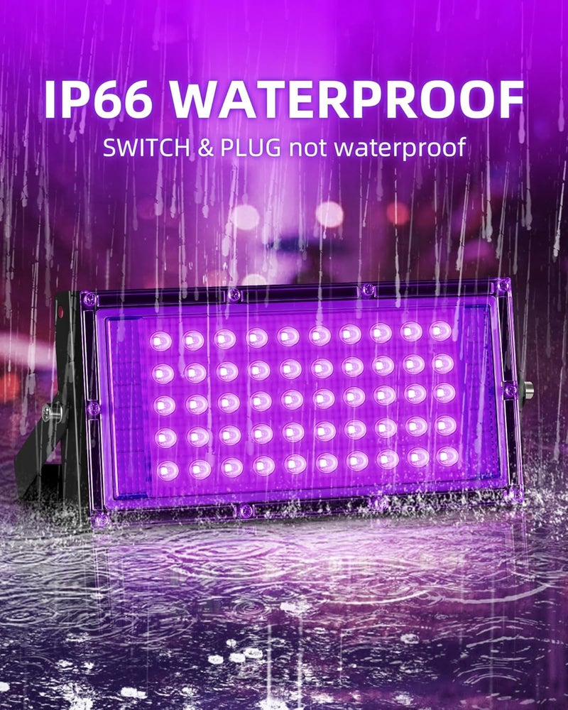 THECHAM Store 50W LED Black Lights IP66 Waterproof Black Light Outdoor with 5.9ft Plug+Switch, Flood Blacklight for Halloween Glow in The Dark Party Stage Light Neon Glow Birthday 4 Pack - Image 2